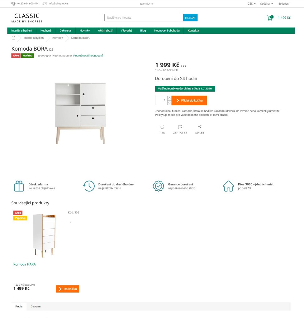 Informace o doručení v detailu produktu