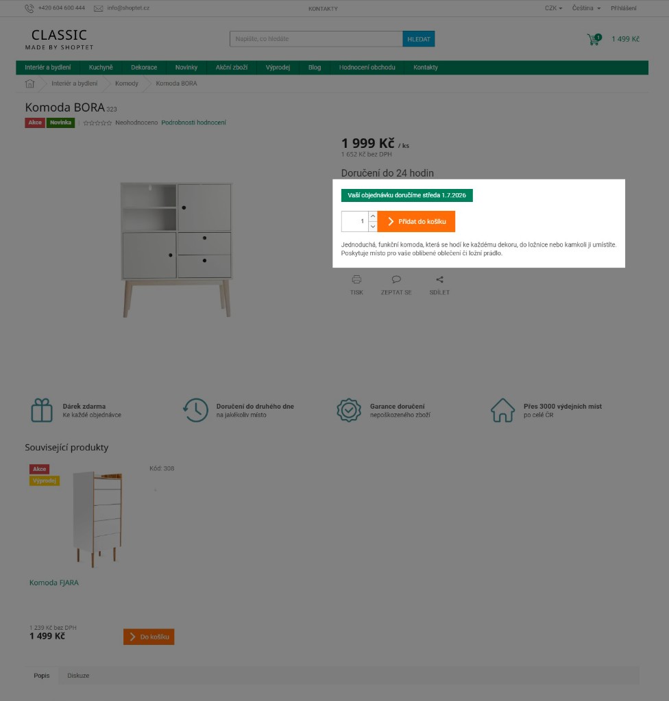 Detail termínu doručení u produktu