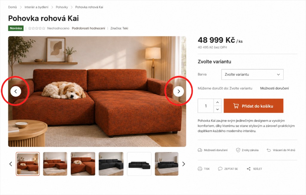 Detail produktu po úpravě — karusel fotografií se šipkami