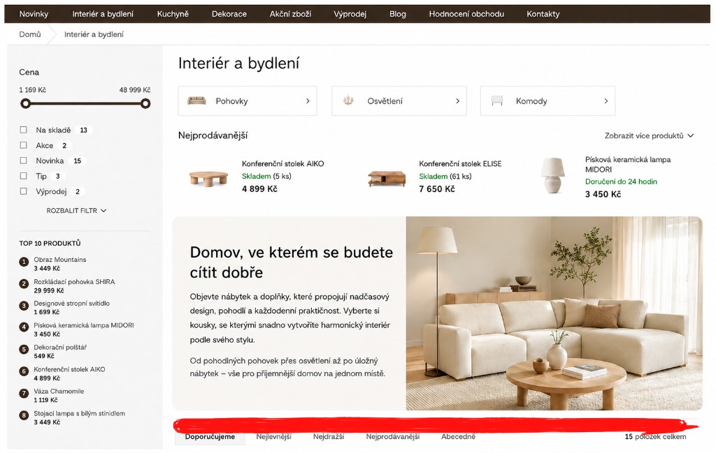 Výpis kategorie po úpravě — SEO popisek nad výpisem produktů
