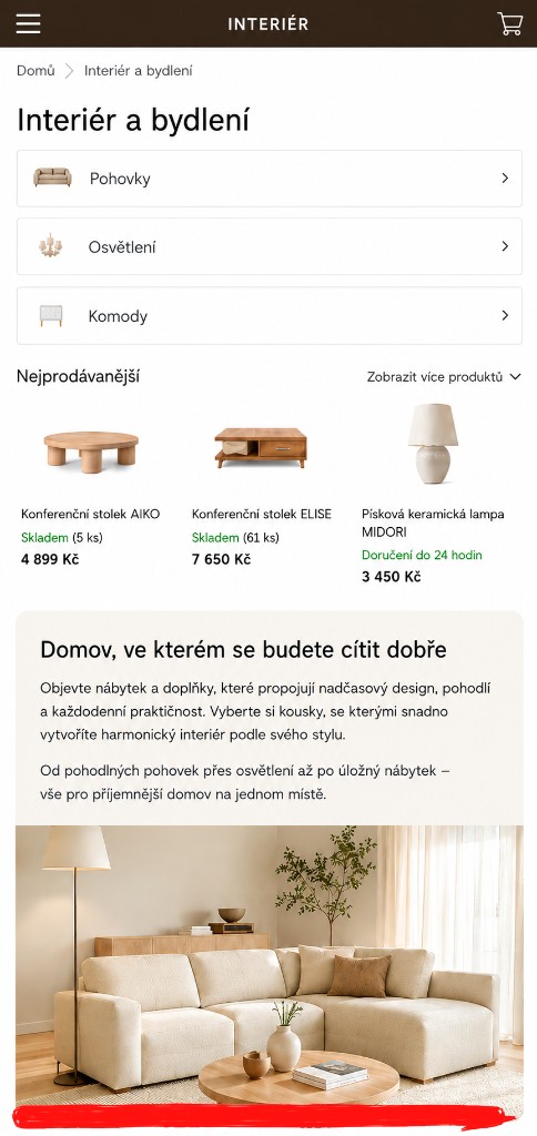 Výpis kategorie po úpravě na mobilu — popisek a fotka pod produkty