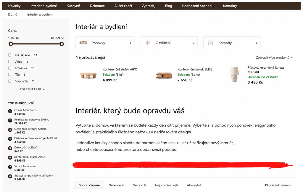 Výpis kategorie před úpravou — bez SEO popisku nad produkty