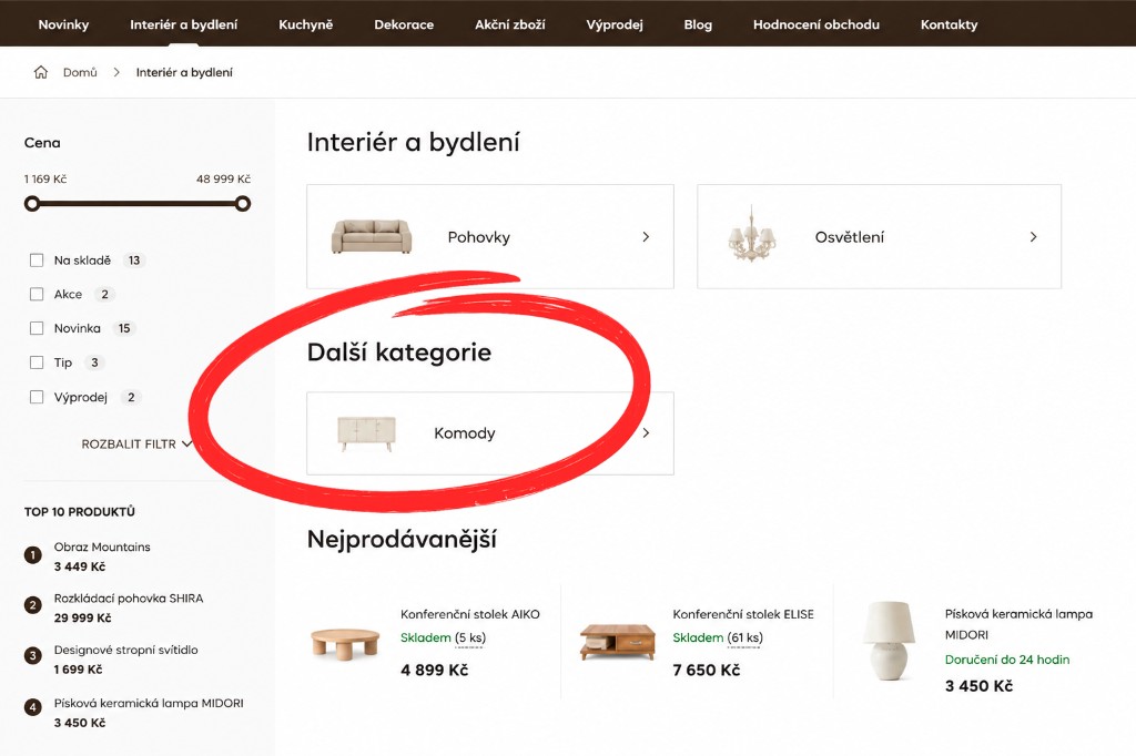 Výpis kategorie po rozdělení — hlavní kategorie a sekce Další kategorie