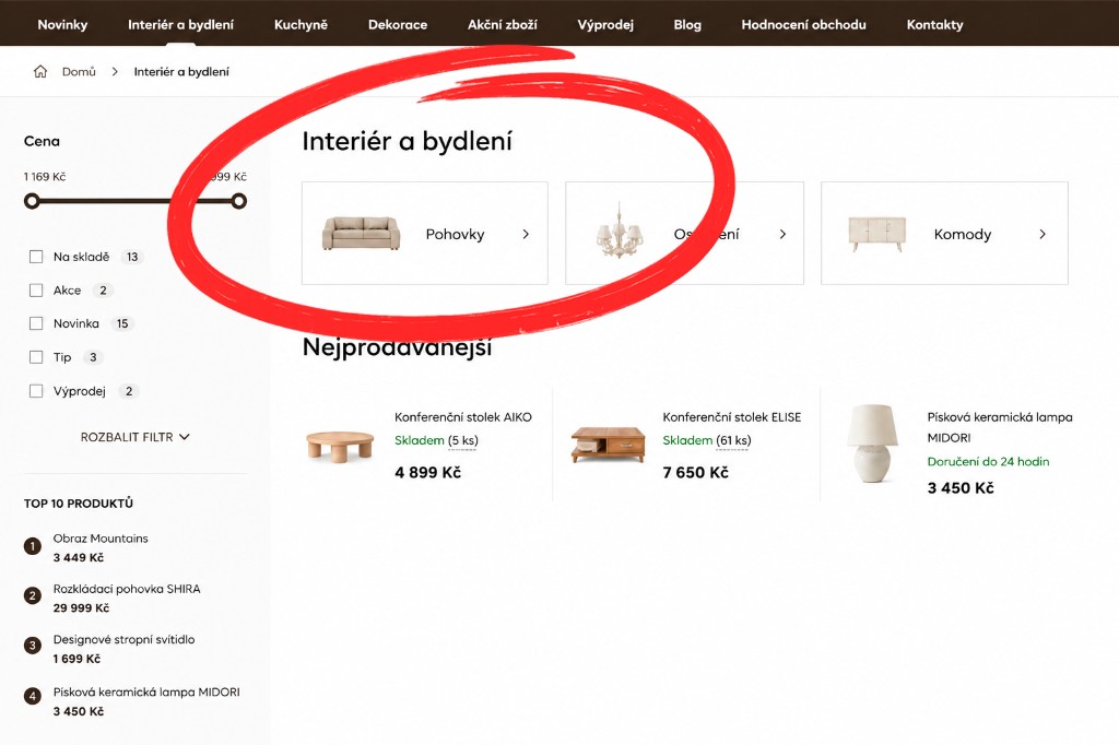 Výpis kategorie před rozdělením — všechny podkategorie v jedné řadě