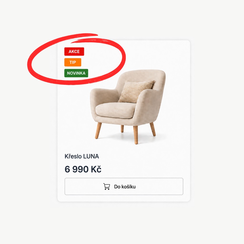 Produktová karta před seřazením štítků — pořadí AKCE, TIP, NOVINKA