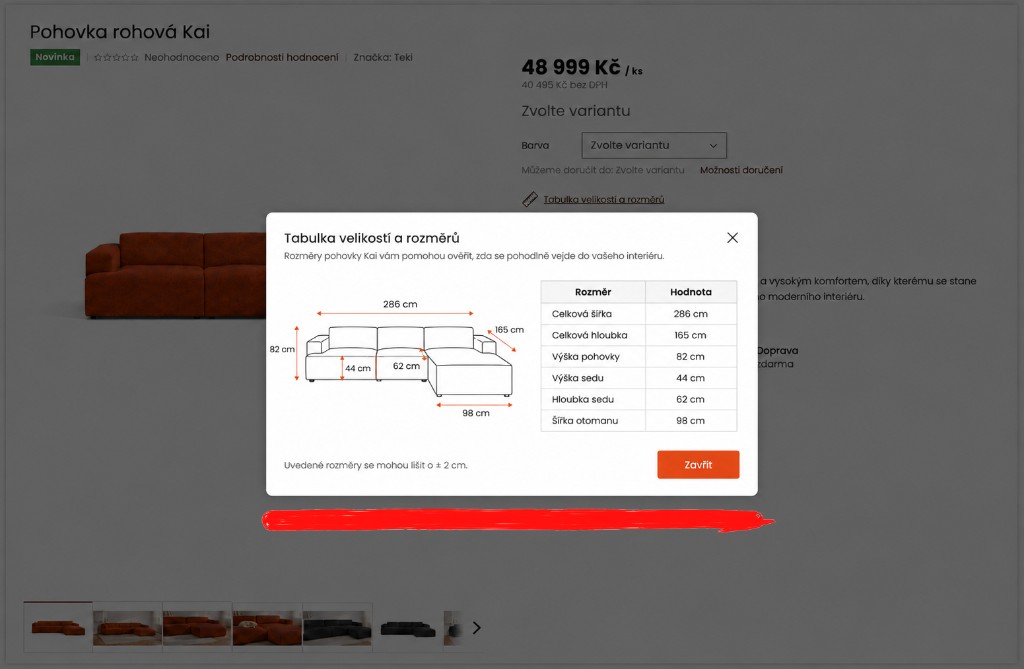 Detail produktu po úpravě — otevřená tabulka velikostí a rozměrů