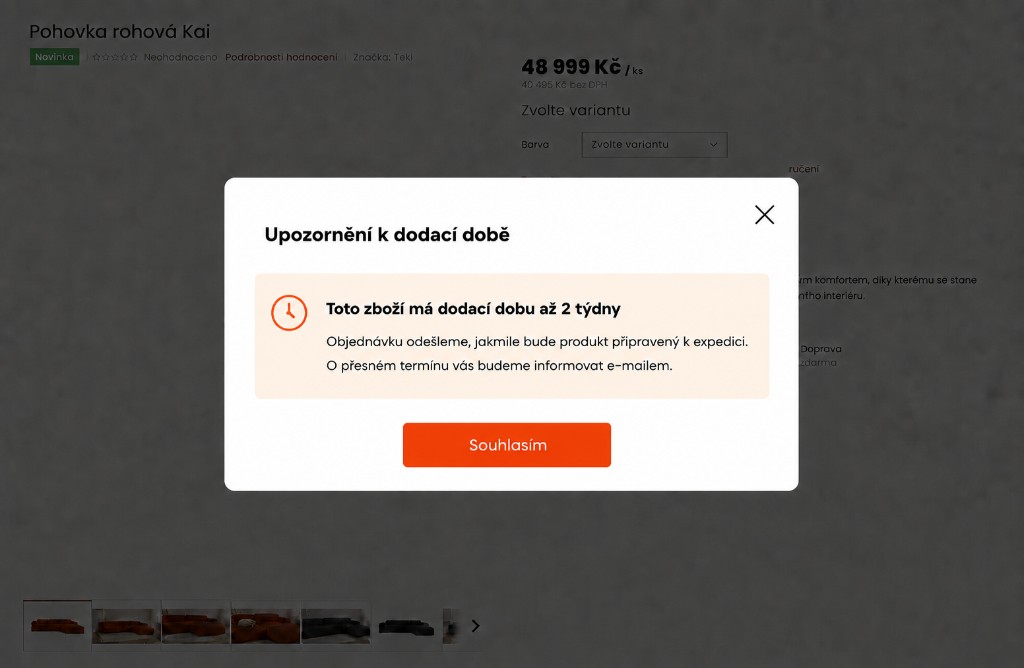Detail produktu po úpravě — upozornění k dodací době po nákupu