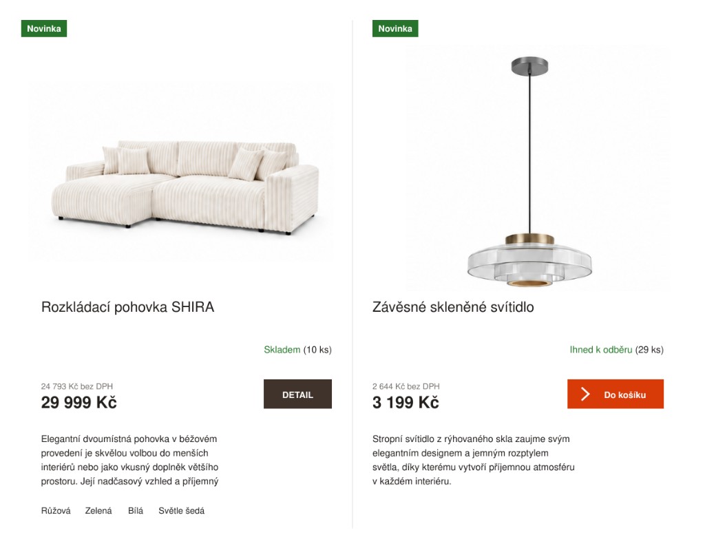 Výpis produktů před úpravou — produktové karty bez hodnocení hvězdičkami